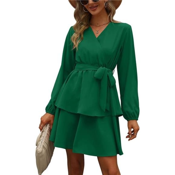 Variété Boutique Dresses & Skirts - Womens Long Sleeve V Neck Double Layer Ruffle Hem Puff Sleeves Waist Tie Dress